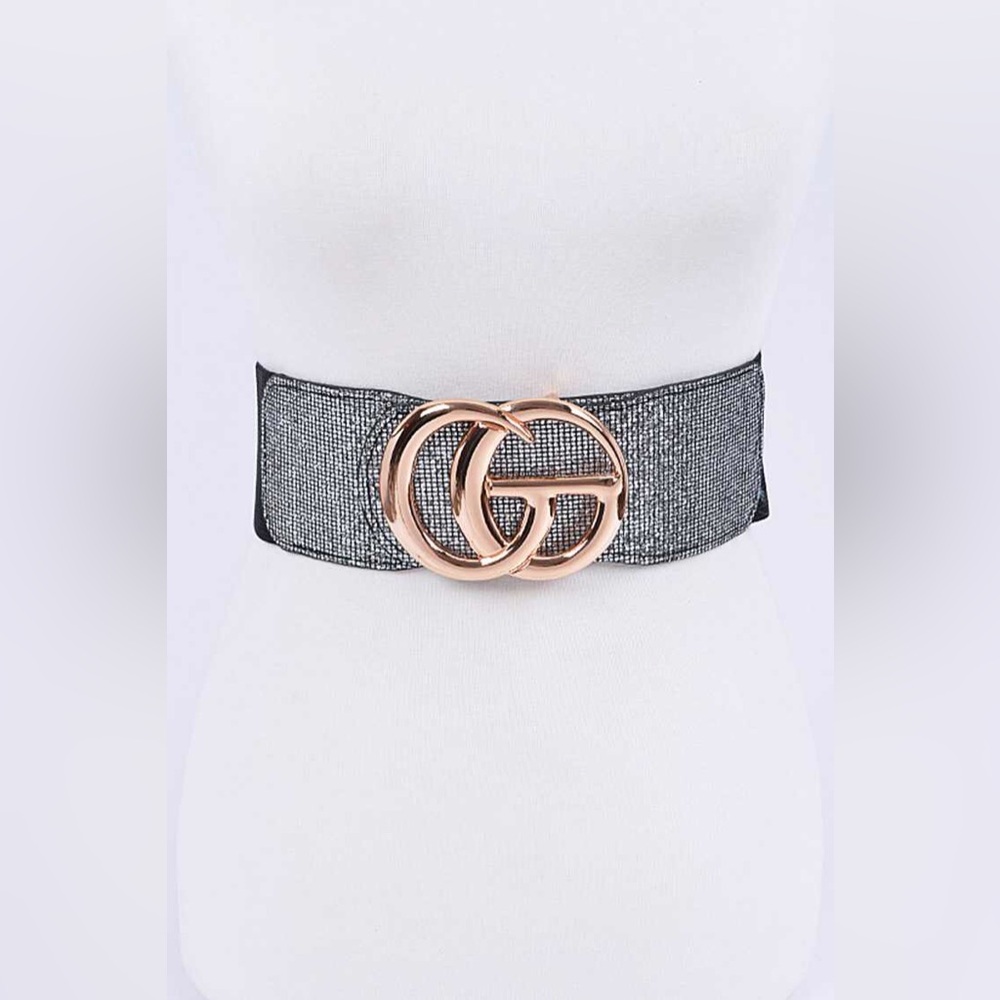 Black Oversized Metal Buckle Accented Elastic Statement Belt